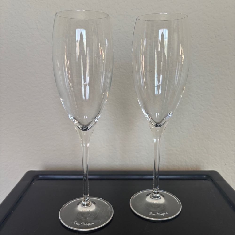 Dom Perignon Champagne Glasses Flutes Bundle Set of 2 Signed Stamped Clear Glass